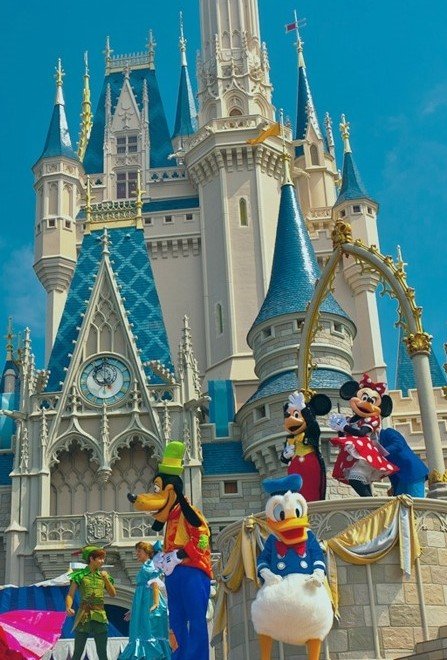 Magic Kingdom castle at Walt Disney World at night with fireworks