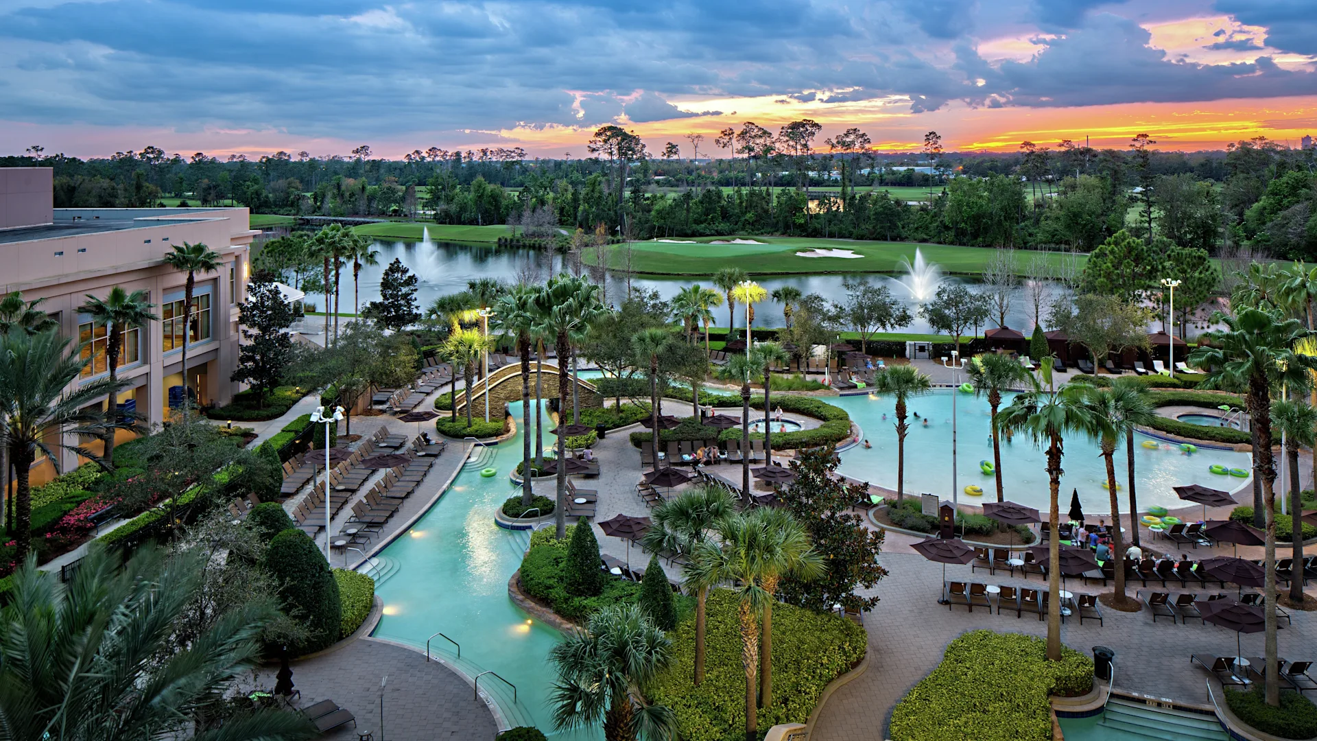 Hilton Orlando Bonnet Creek pool at dusk